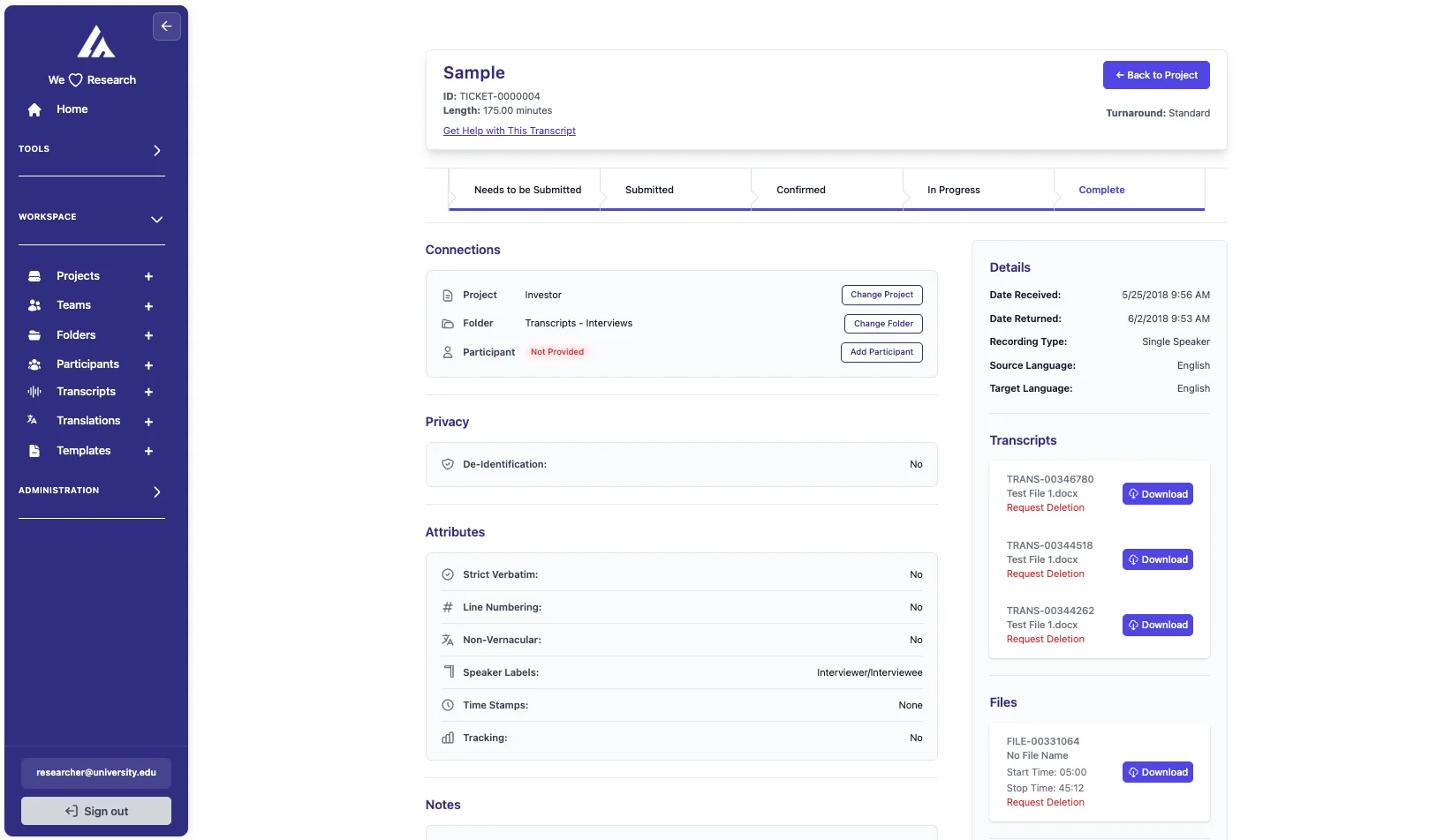 Ticket details page showing download buttons