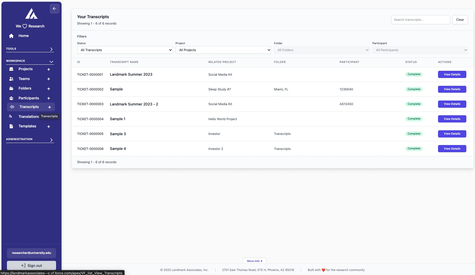 Transcripts table showing Status and Action columns