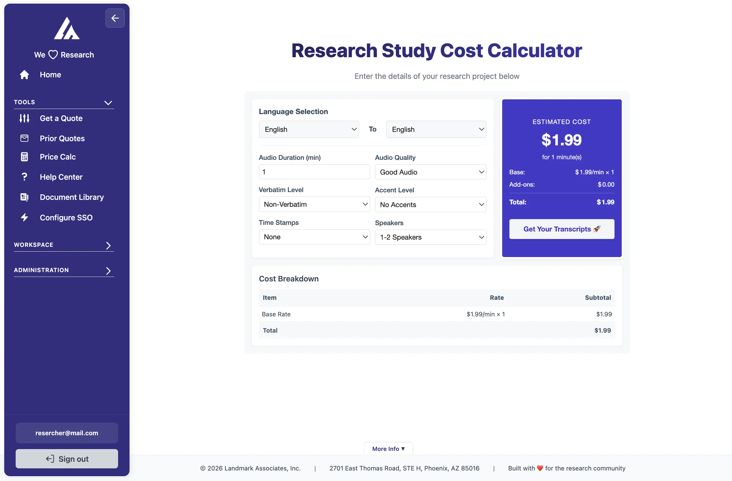 Research Study Cost Calculator showing language selection, audio duration, verbatim level, and estimated cost breakdown